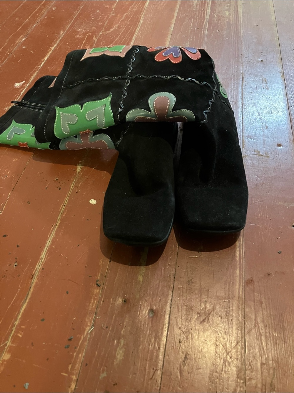 Indigo Black Suede Boots with Green and Brown Flower Appliqués